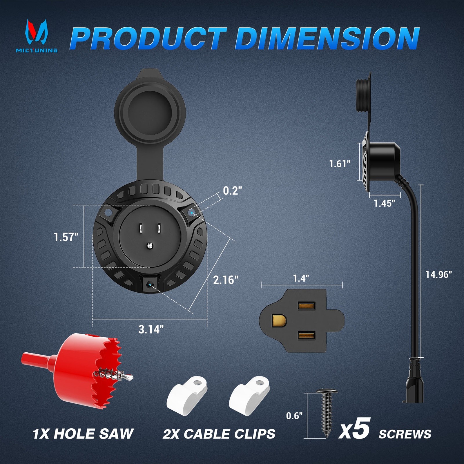 MICTUNING 15A Waterproof RV Shore Power Inlet Socket w/ 18 Inch Heavy Duty Cord