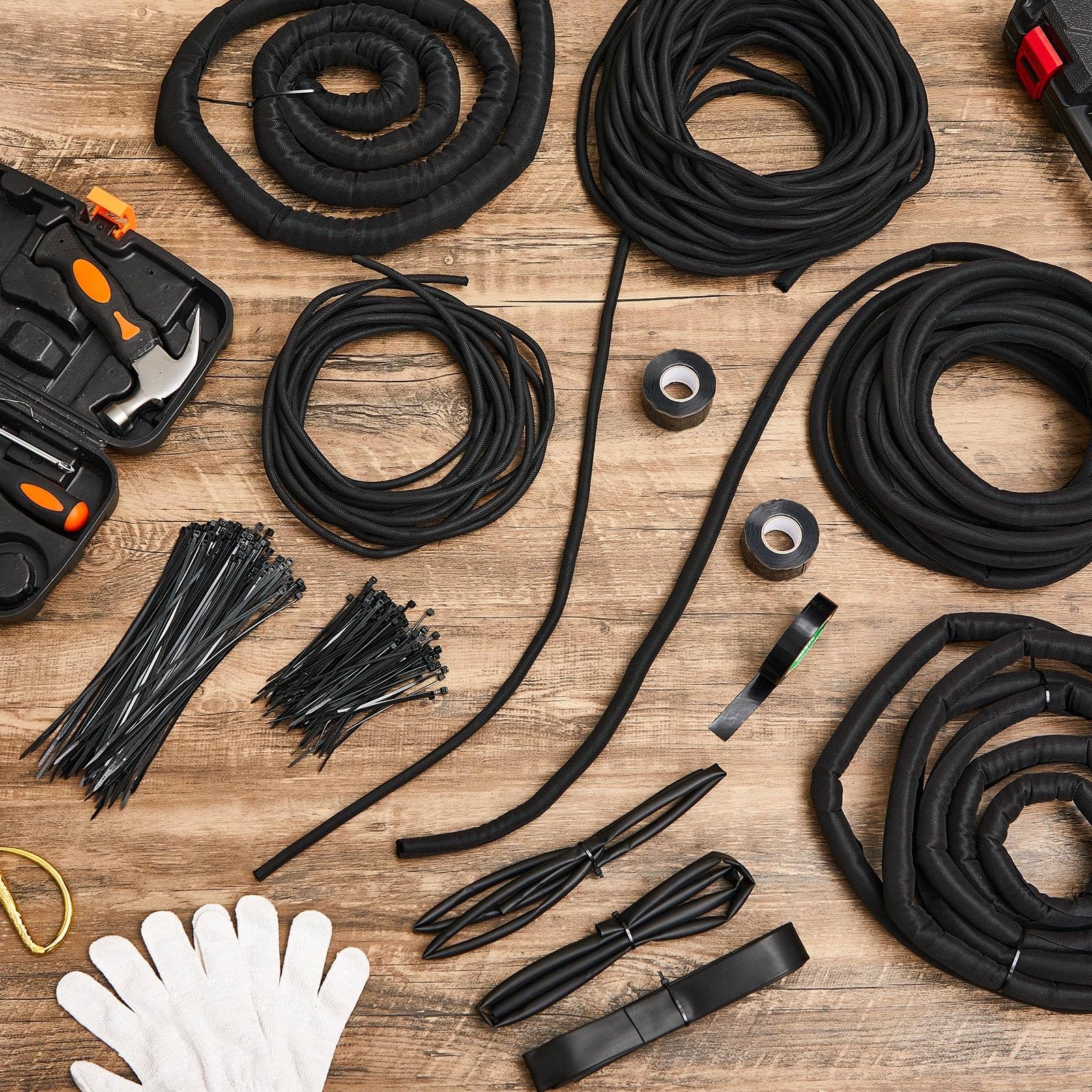 Nuanchu Split Wire Loom Sleeve Master Kit Complete Vehicle Cord and Black