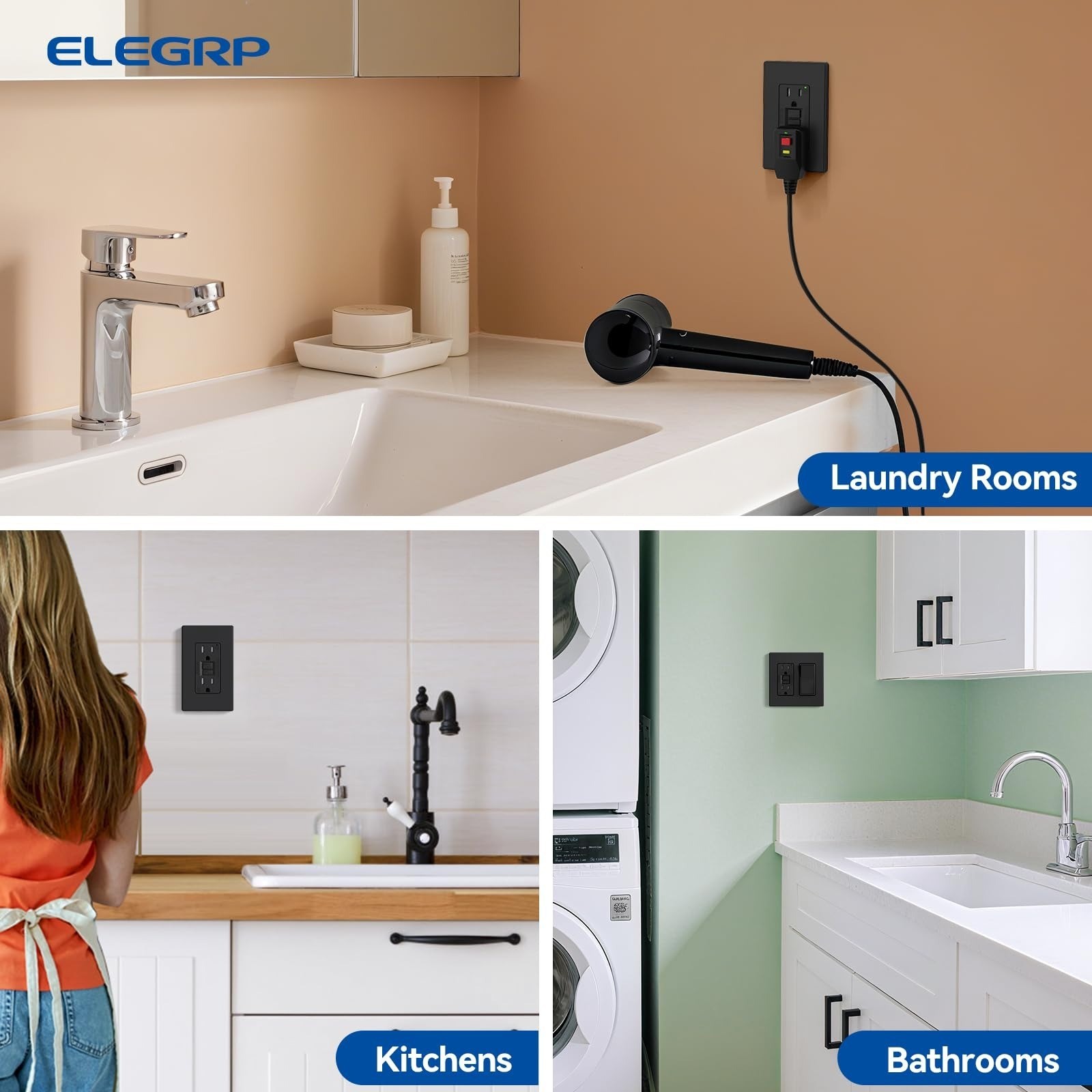 ELEGRP GFCI Outlet 15 Amp Self-Test Tamper Resistant Matte Black
