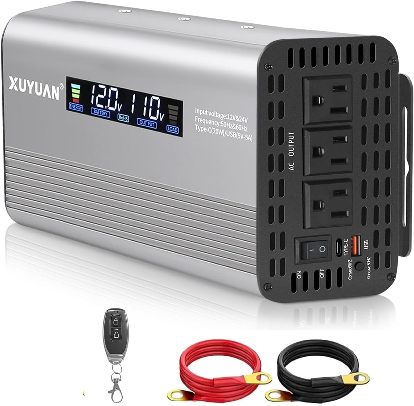 1500W Pure Sine Wave Inverter 12V 24V Auto Detect 50Hz 60Hz LCD Display USB-C