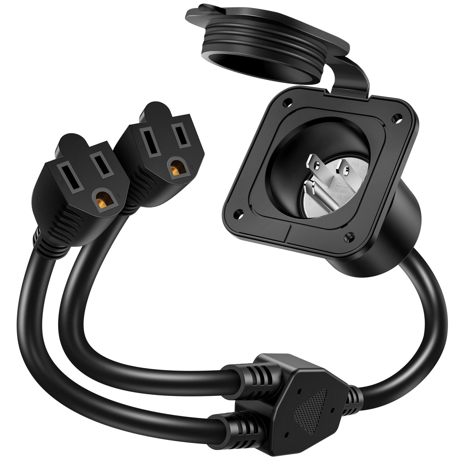 15 Amp AC Port Plug, 125V Power Inlet Socket Integrated Dual 18″ Extension Cord