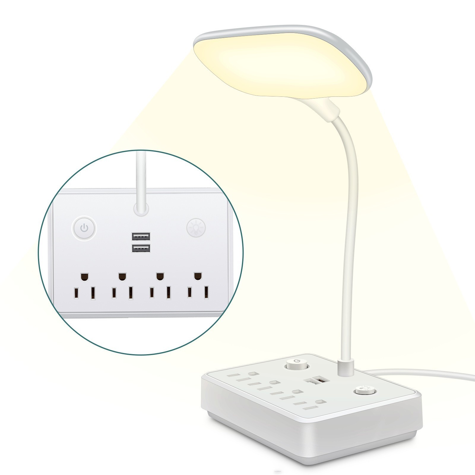 Flexible LED Desk Lamp Surge Power Strip 4 AC Outlets 2 USB Ports Phone Stand