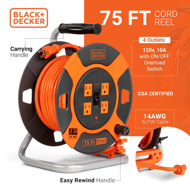 Black + Decker Cord Reel 75-ft 14 / 3-Prong Medium Duty General Extension Cord