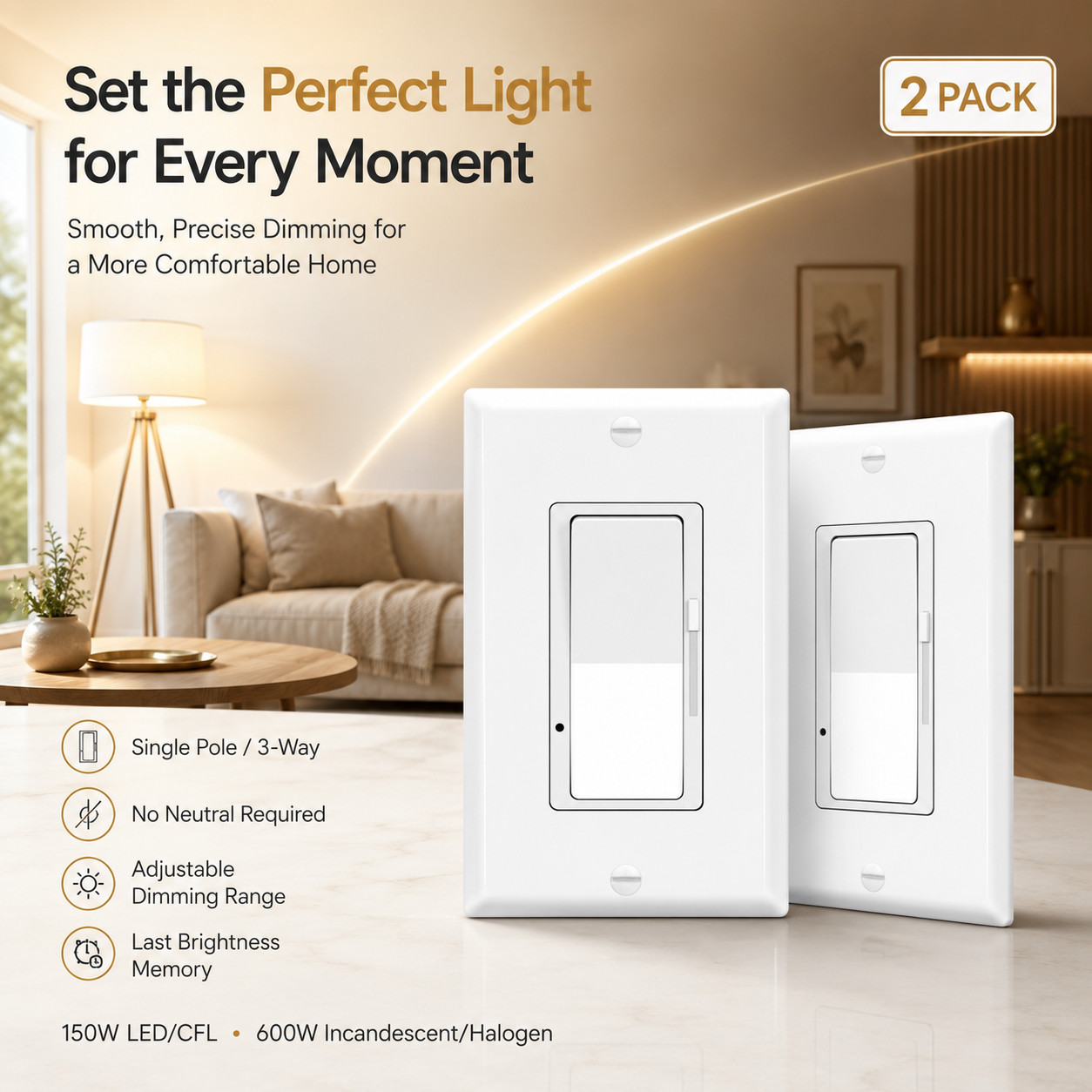 Slide Dimmer Switch for LED CFL Bulbs, 3-Way or Single Pole, No Neutral Wire 2PK