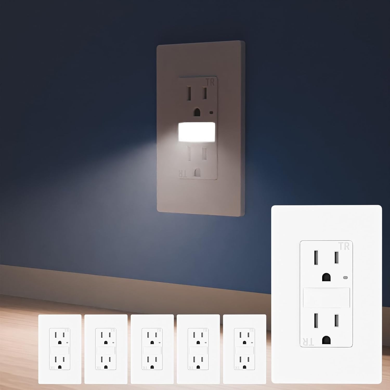 6Pack 15AMP outlet with night light Dusk to Dawn 6000K Cool White TR ETL Listed
