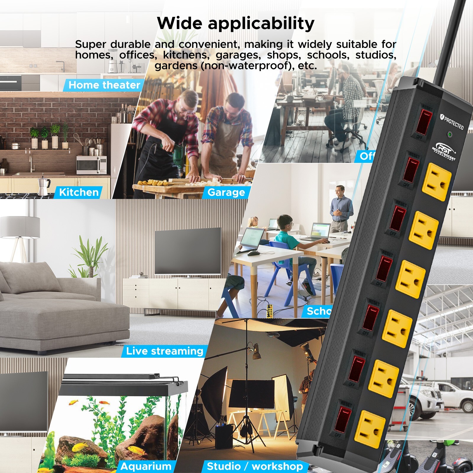 CRST Heavy Duty Metal Power Strip Wide Spaced 6-Outlet 6 Feet Cord,15A Circuit