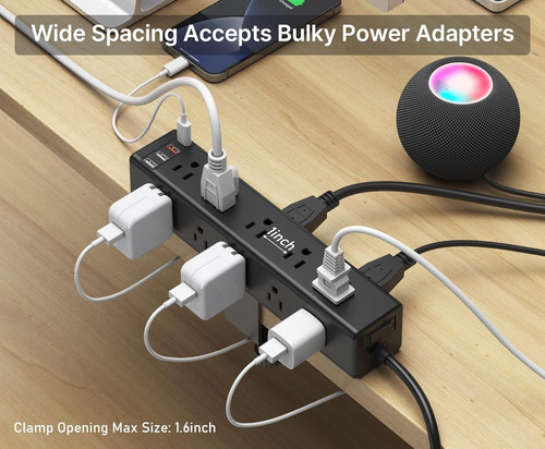 CCCEI Standing Desk Clamp Power Strip with 15 Outlets, Widely Spaced Black