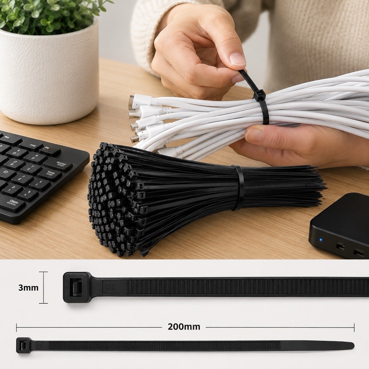 Quickfinds Self-Locking Cable Ties, Black, 200 Pack, 3mm x 200mm