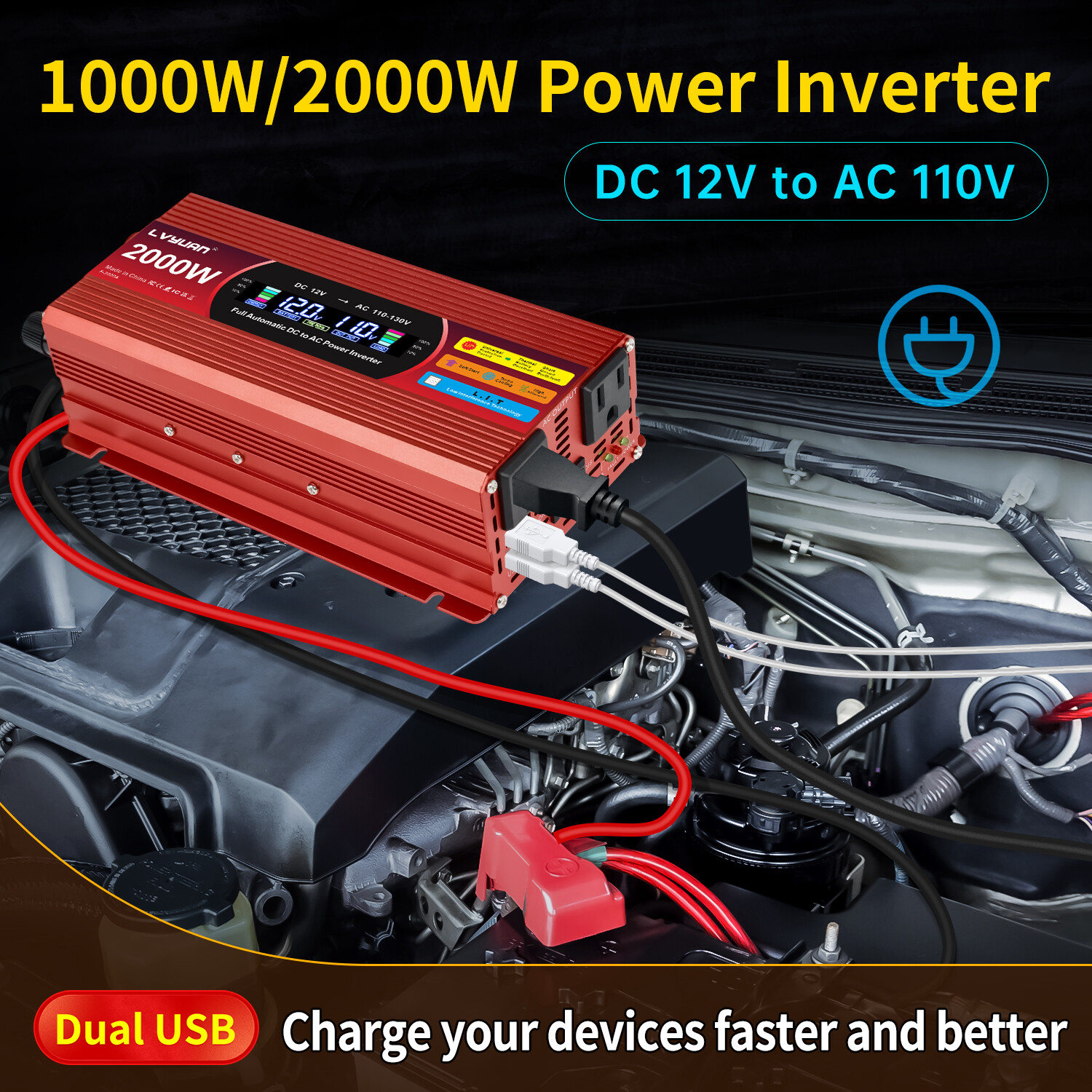 1000W 2000W Power Inverter LCD 2USB 2AC 12V to 110V Converter Adapter Off-gird