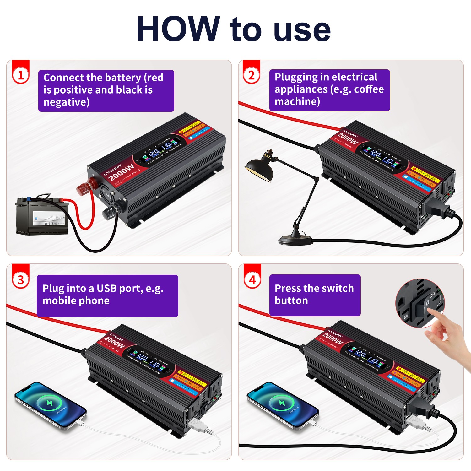 800W 2000W Power Inverter 12V to 110V 120V LCD 2AC 2USB Adapter Converter Home