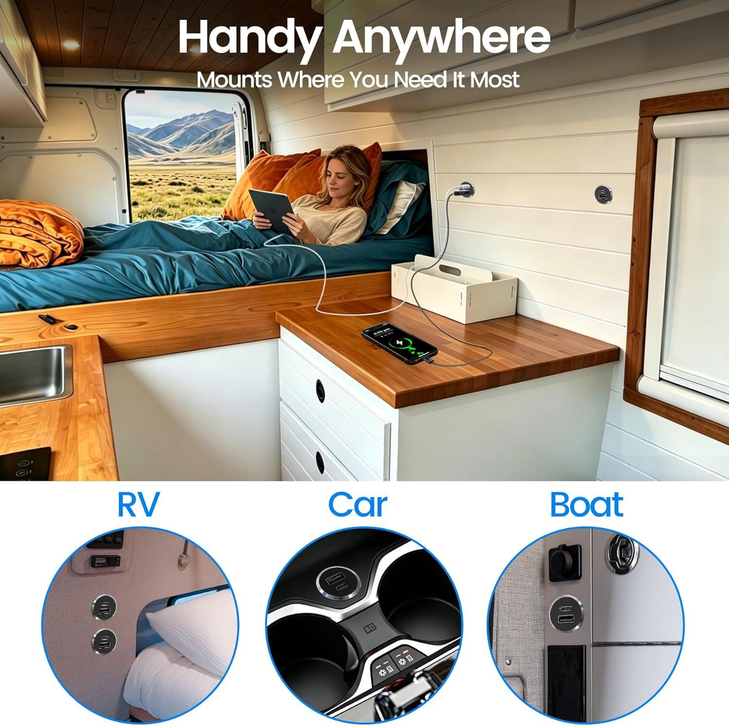 12V USB Outlet All-Aluminum QC 3.0 USB-A & USB-C PD3.0 Dual Fast Car Charger Soc