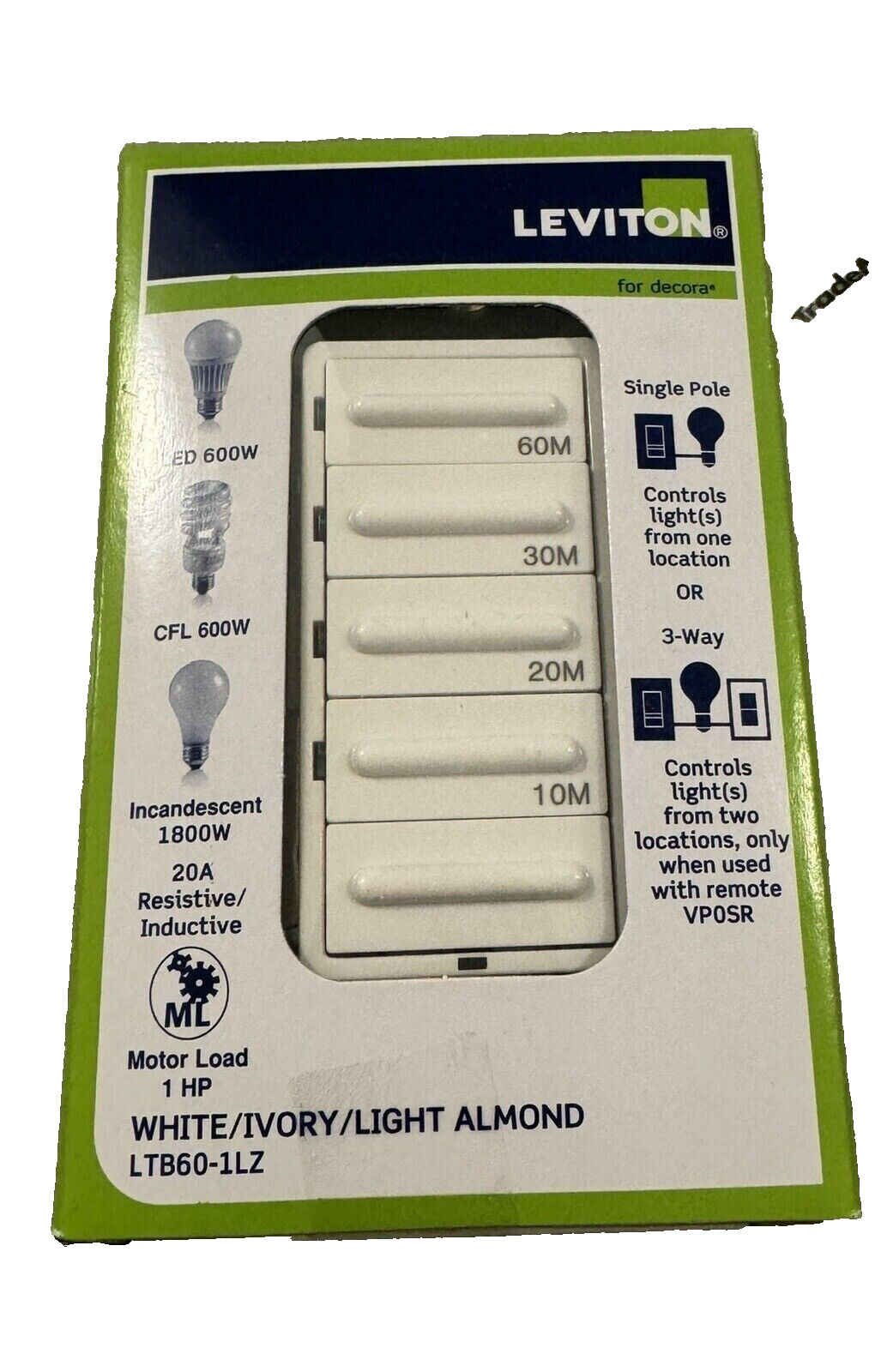 Leviton LTB60-1LZ New – (missing plate)