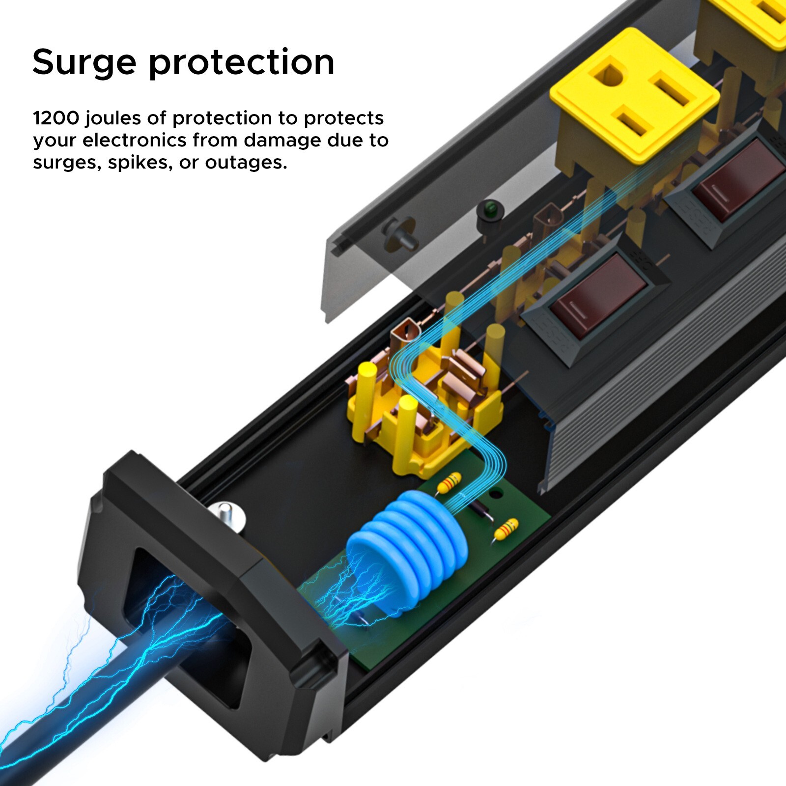 CRST Heavy Duty Metal Power Strip Wide Spaced 6-Outlet 6 Feet Cord,15A Circuit