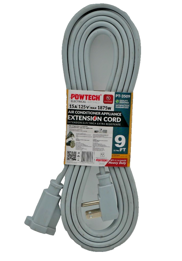 POWTECH 9 FT Heavy Duty Air Conditioner Appliance Extension Cord UL PT-3509 15A