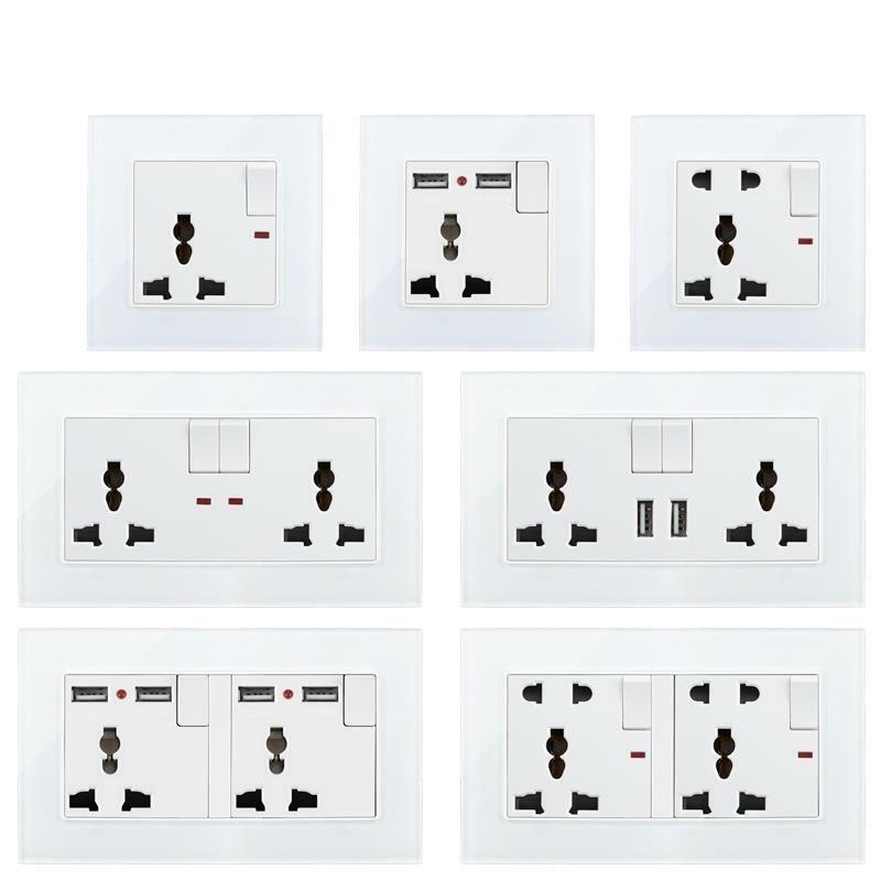 Universal Power Socket USB 5 Hole Wall Electrical Outlet 110-250V Glass 13A Plug