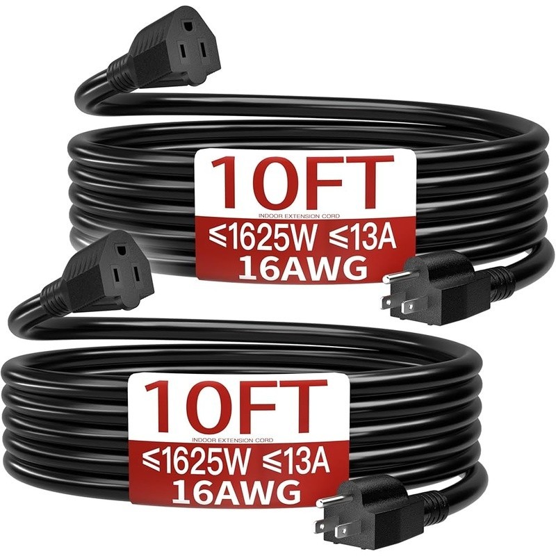 10ft Extension Cord 2 Pack 13A ETL Listed Indoor Durable Tangle Resistant Power