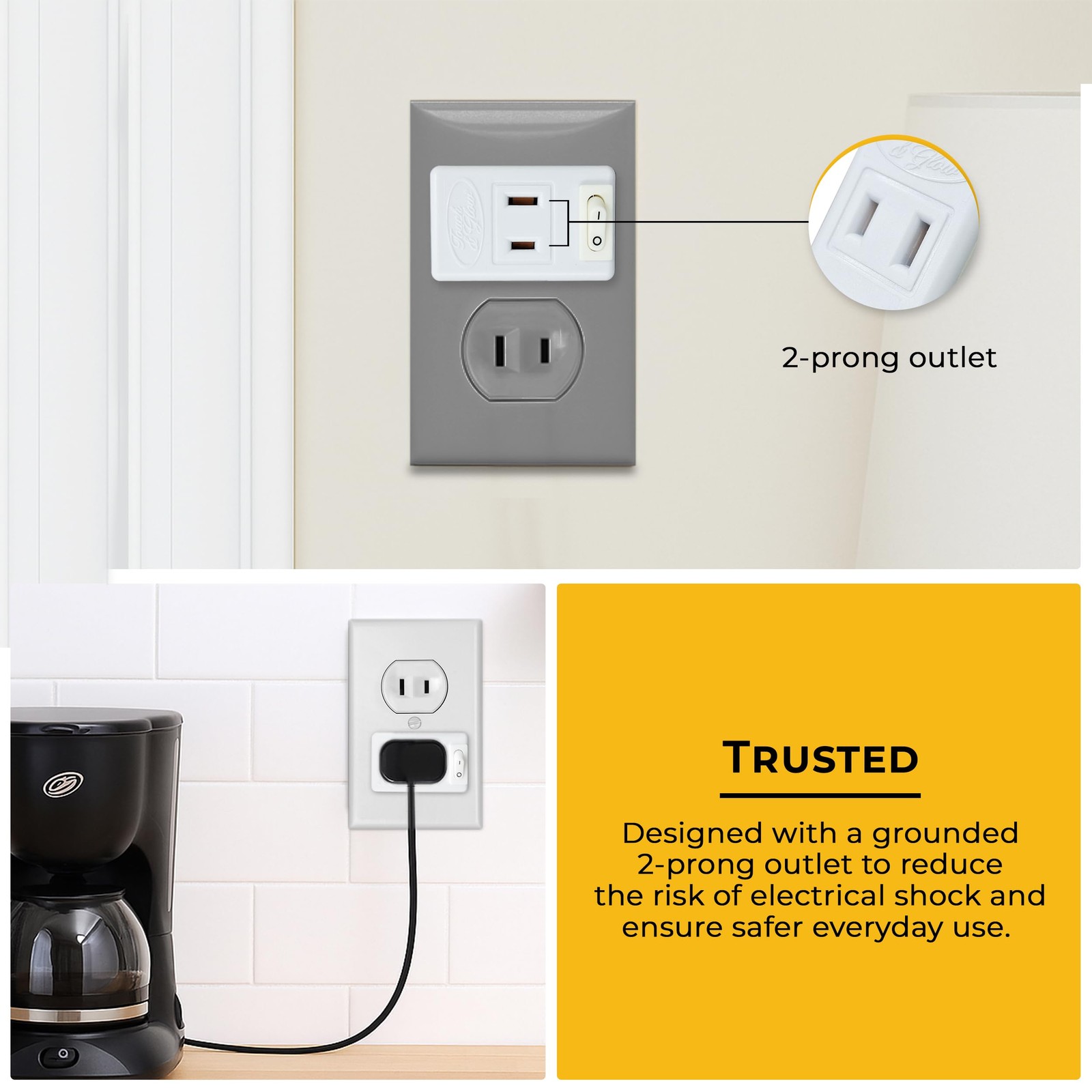 Touch & Glow – 2 Prong Outlet Switch – Single Port Outlet Extender with On/Of…