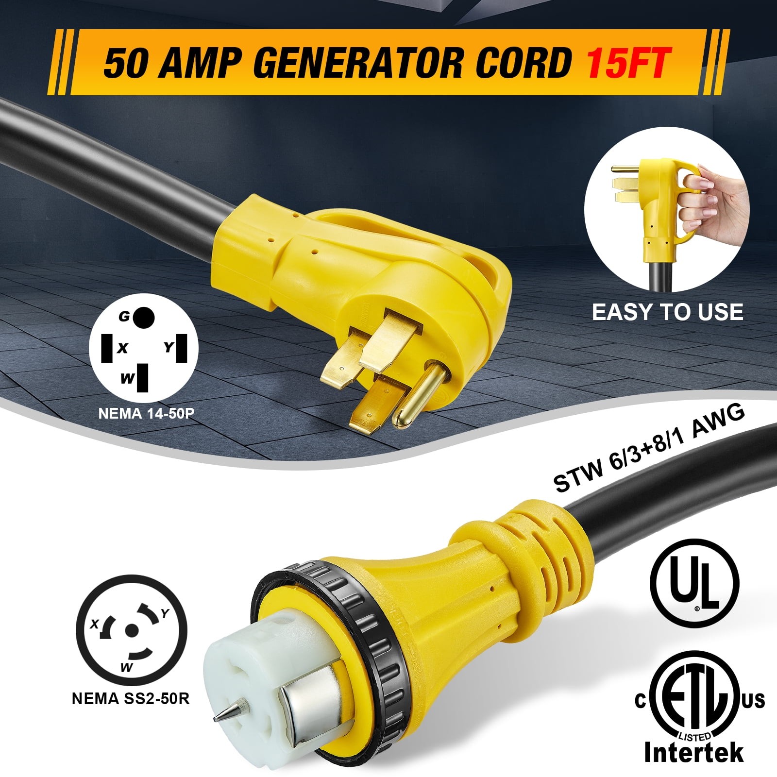 15 FT 50 Amp RV Extension Cord with Generator Inlet Box ETL Listed