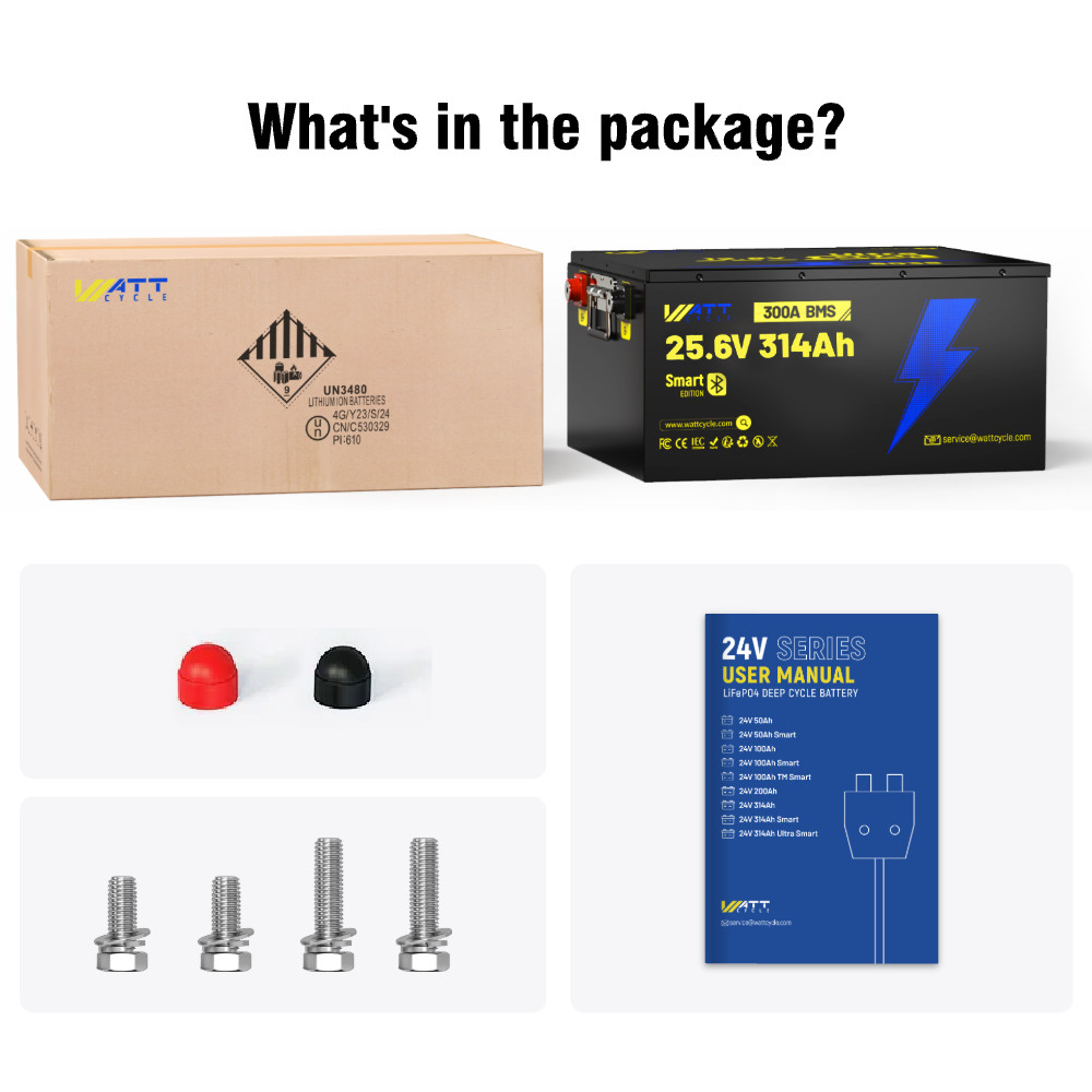 Wattcycle 24V 314Ah 300A BMS LiFePO4 Lithium Battery with Bluetooth App for RV