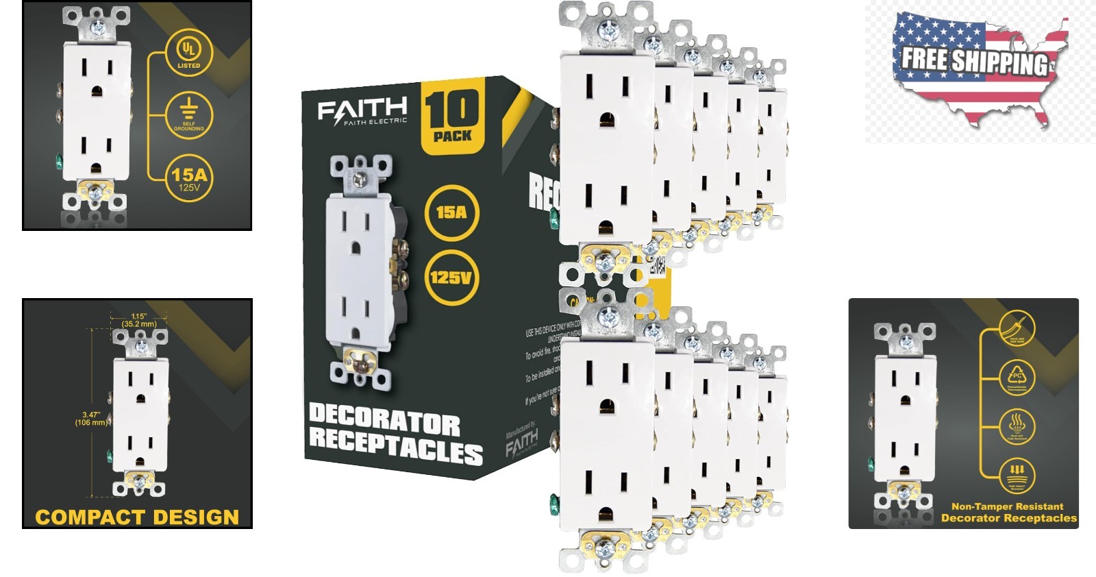 Upgrade Your Space: 10-Pack 15A White Decorator Electrical Outlets – Listed