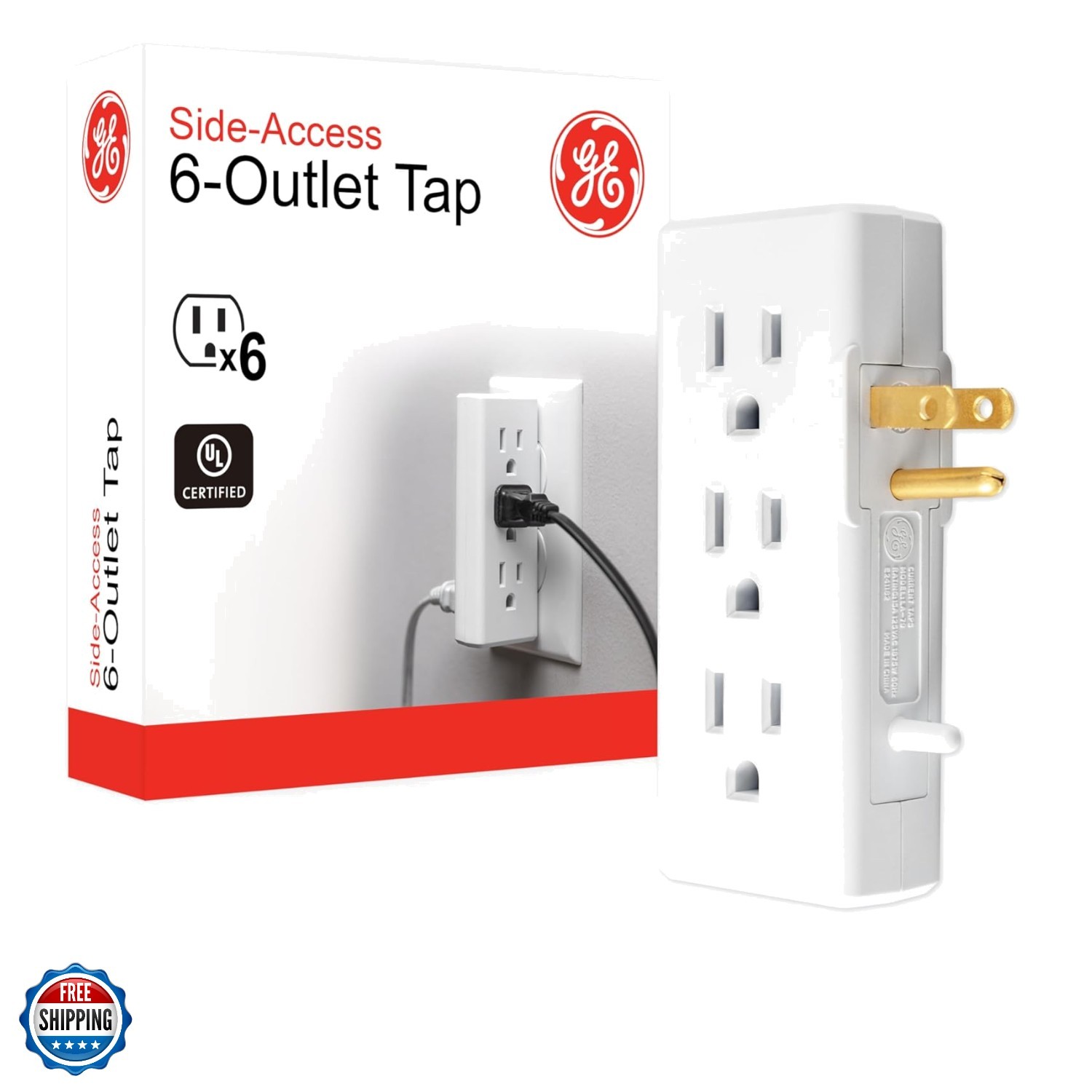GE 6 Outlet Side Entry Power Tap, Side Access Adapter, Listed, White, 54543