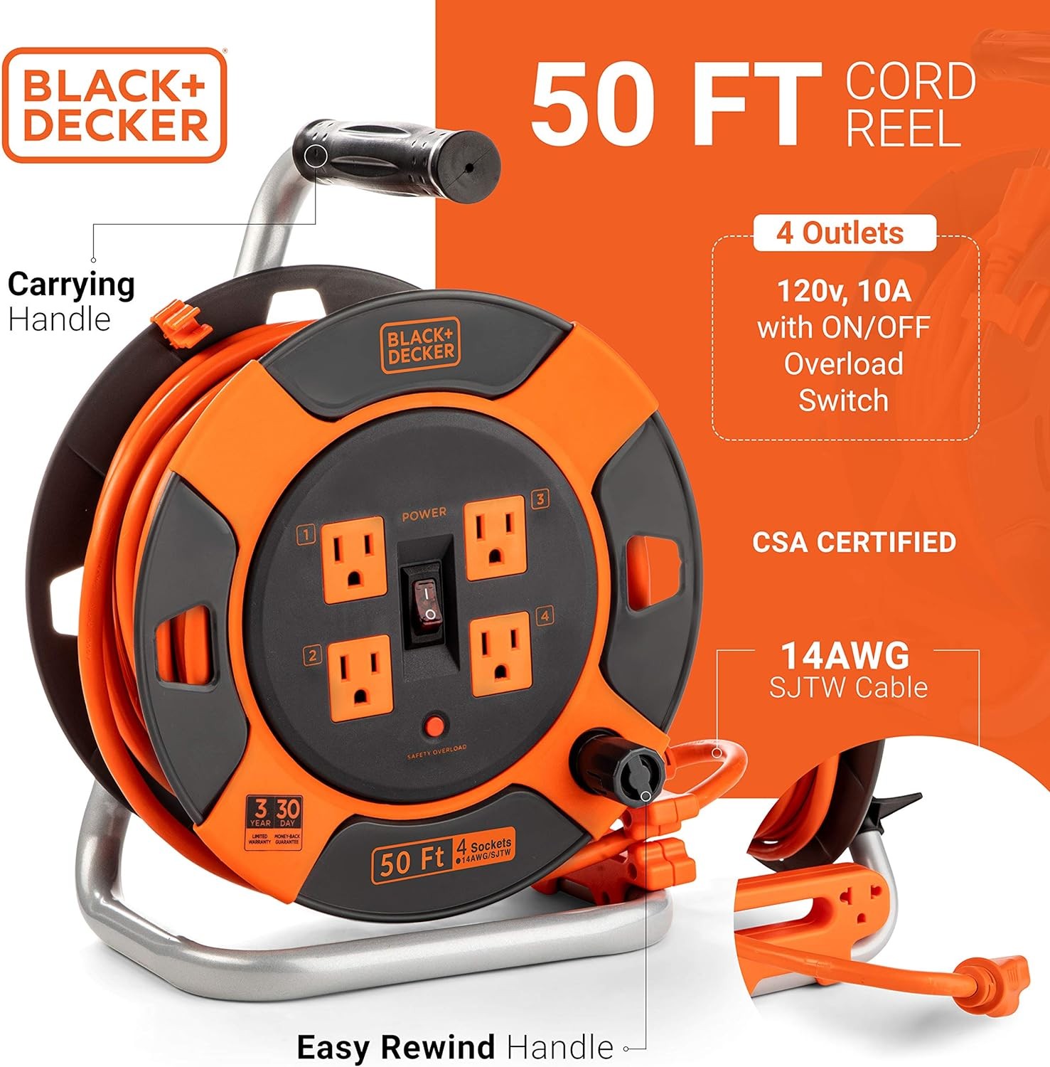 50 Ft. Retractable Extension Cord Reel With 4 Outlets, Multi-Plug Extension