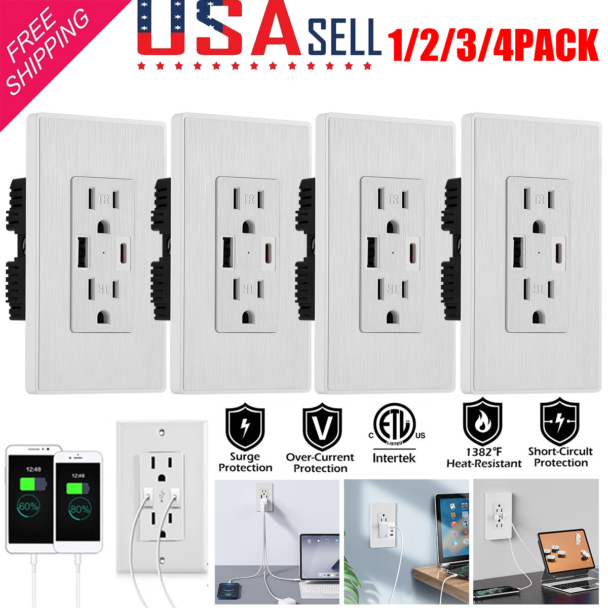 Dual USB Type-C/A Wall Outlet Charger Tamper Resistant 15A with LED Indicator US