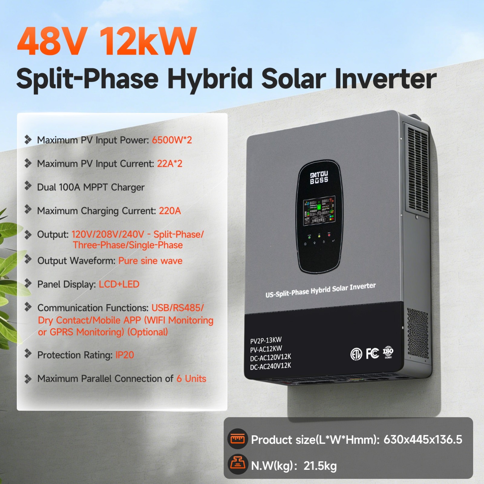 5.5KW 5500W 48V Solar Hybrid Inverter Hybrid AC 110V/120V MPPT 100A 60V~500VDC