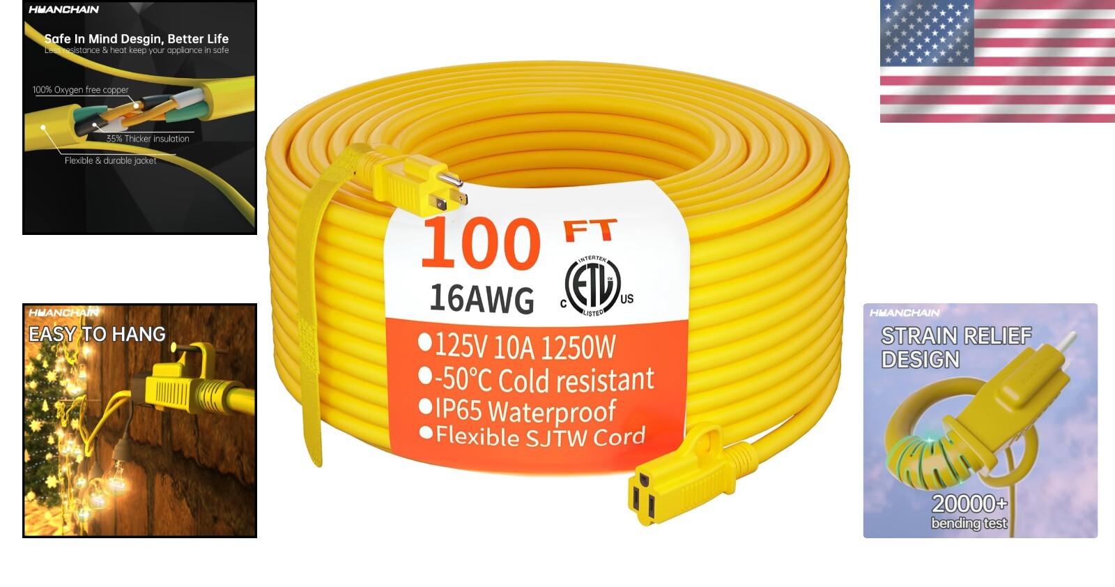 ETL Listed 100 ft Heavy Duty Electric Extension Cord – Weather & Cold Resistant
