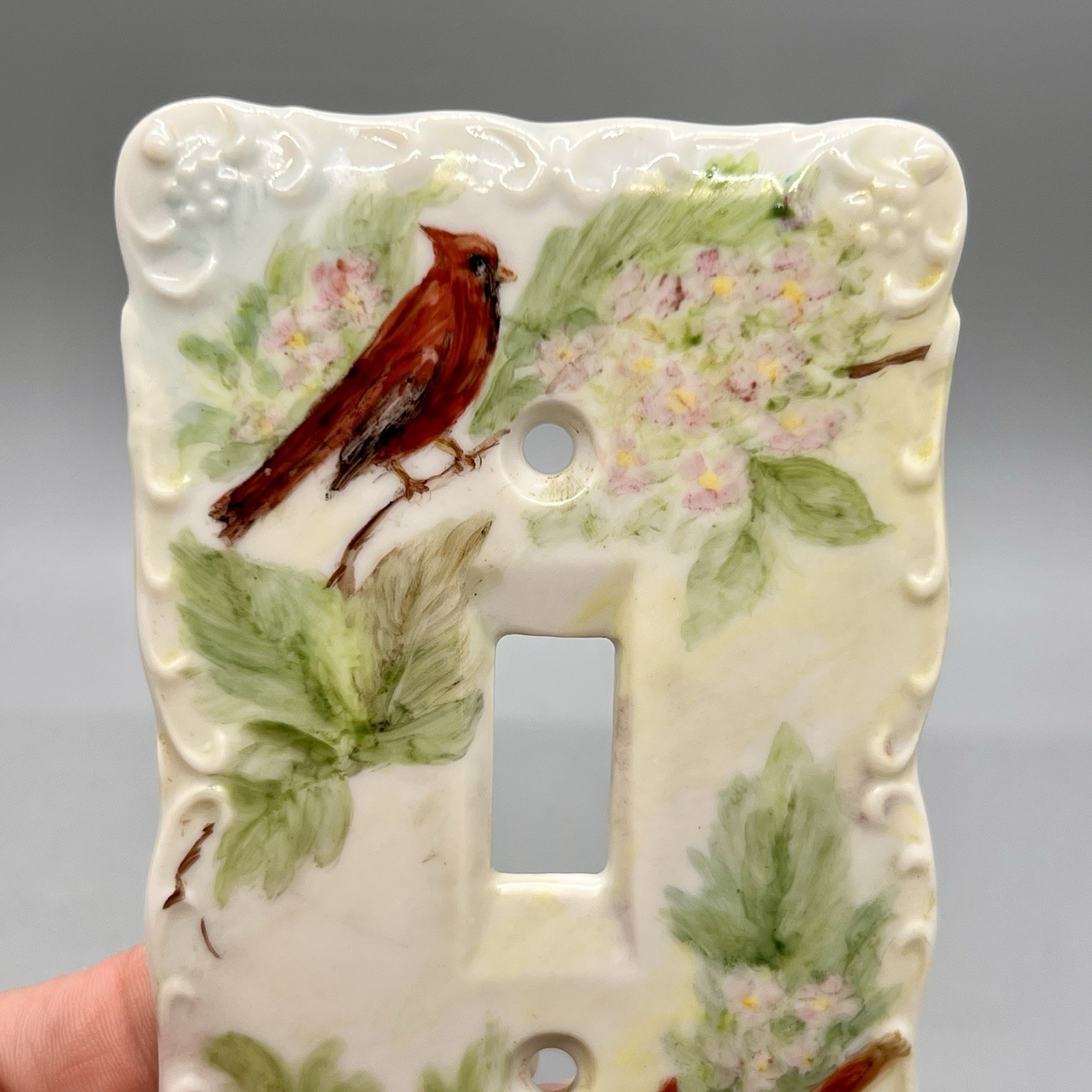 Vintage Porcelain Single Light Switch Plate Hand Painted Florals Cardinal Birds