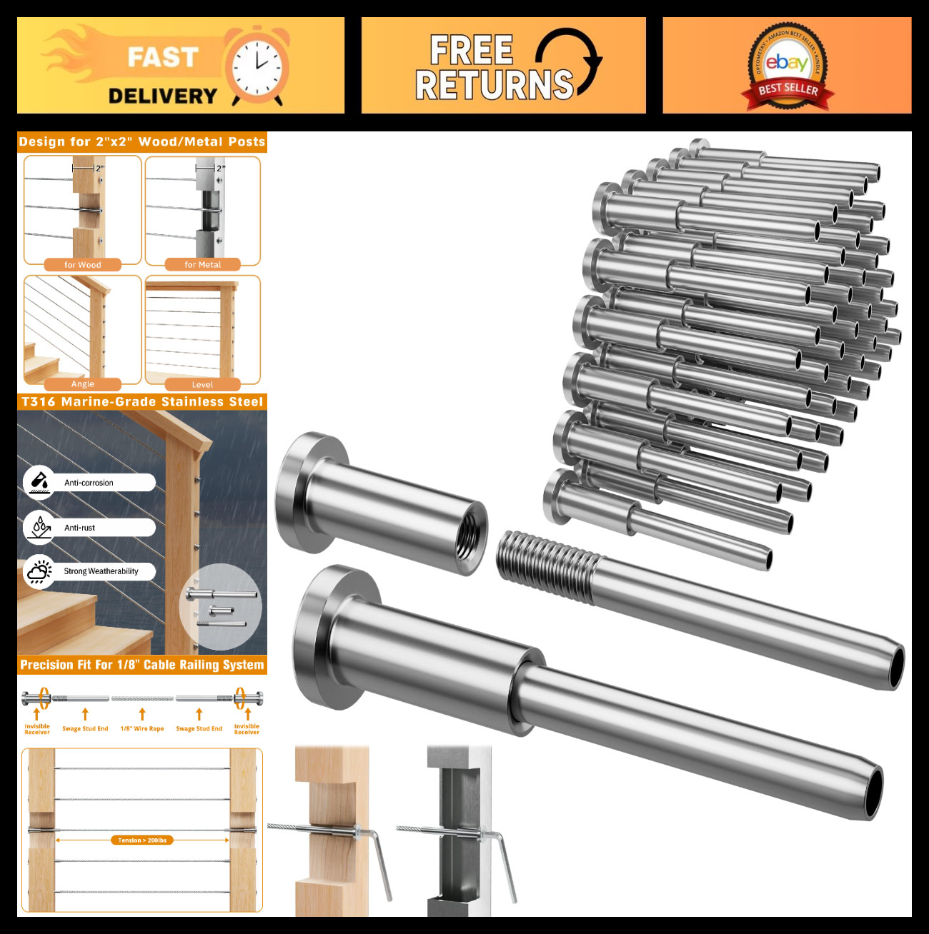 Invisible Cable Railing Kit – 20 Pack 1/8″ T316 Stainless Steel Swage Studs for