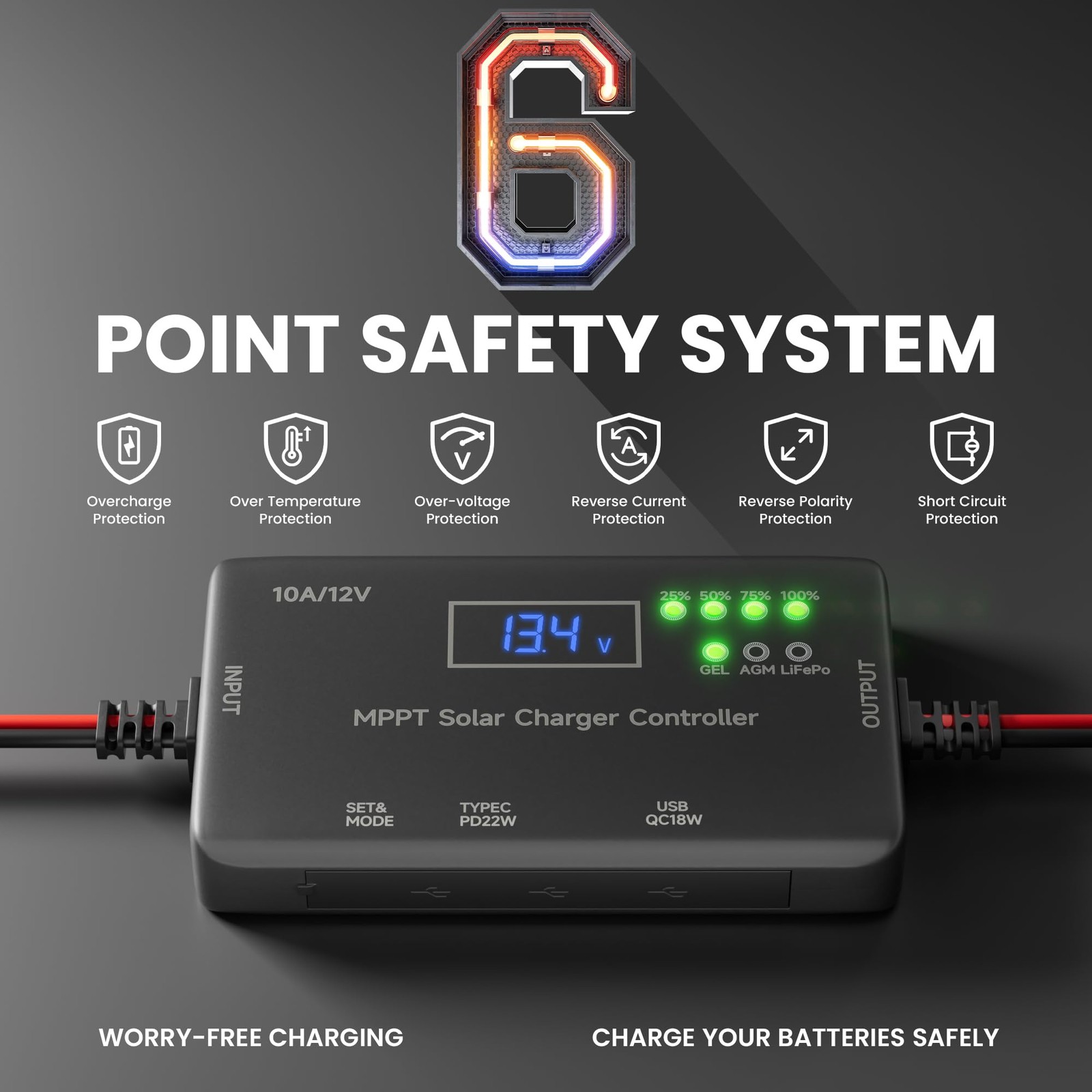 10A MPPT Solar Charge Controller 12V Solar Panel Charge Controller for Gel, AGM
