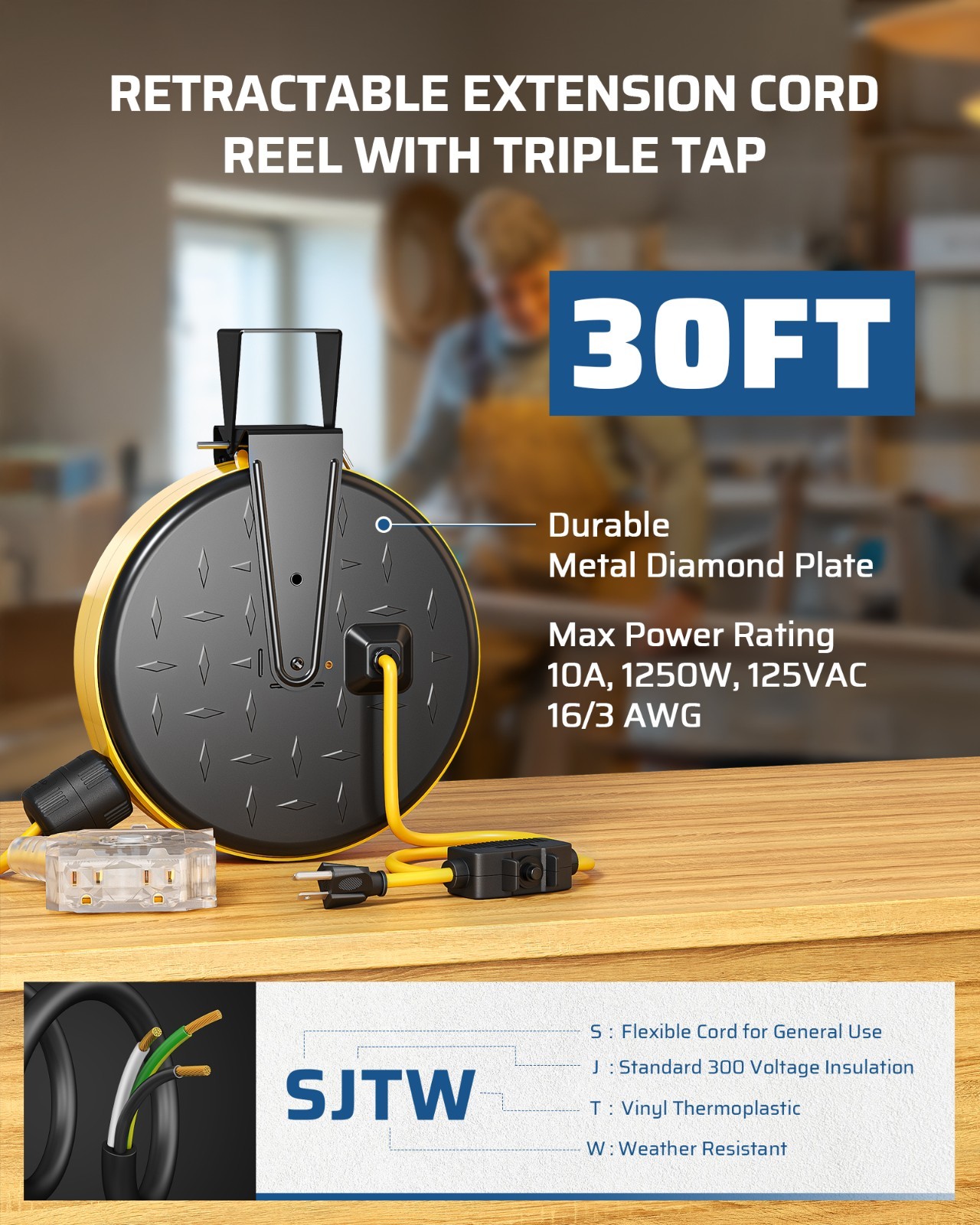 DEWENWILS 30 Ft Retractable Extension Cord Reel, Ceiling/Wall Mount 16/3 Gauge