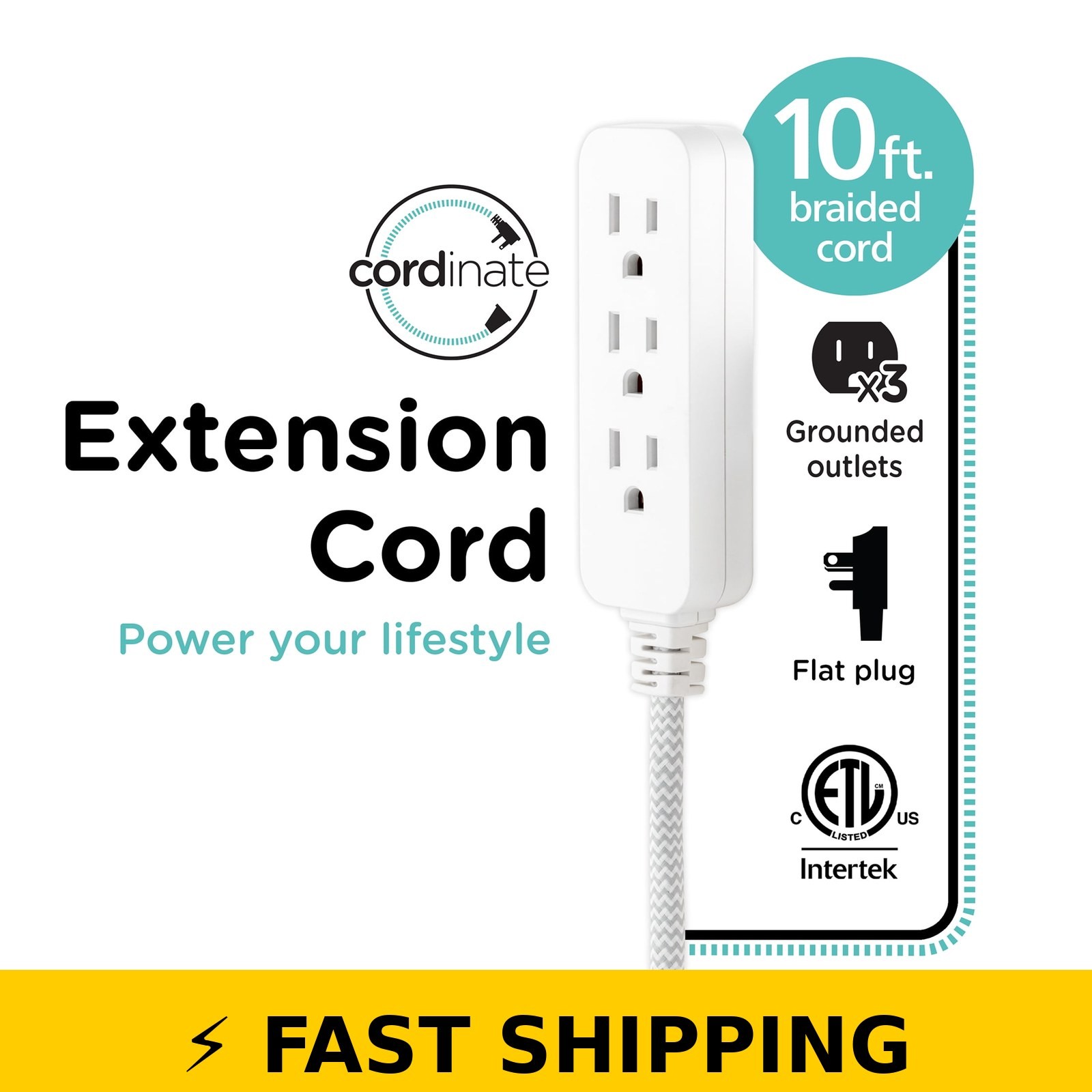 Cordinate 10ft 3-Outlet Extension Cord, Gray