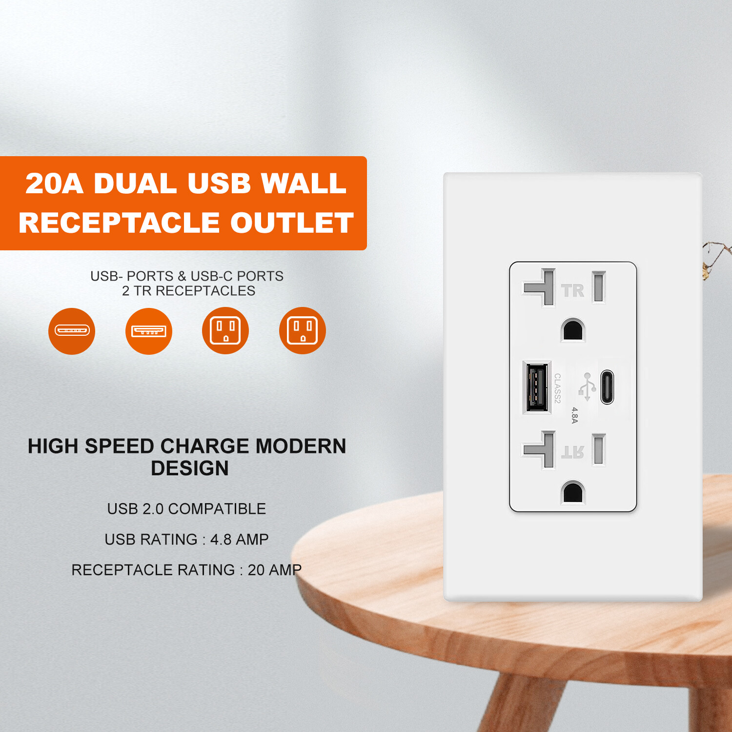 Smart Fast USB Type C 4.8A Wall Outlet Dual High Speed Duplex Receptacle 20 Amp