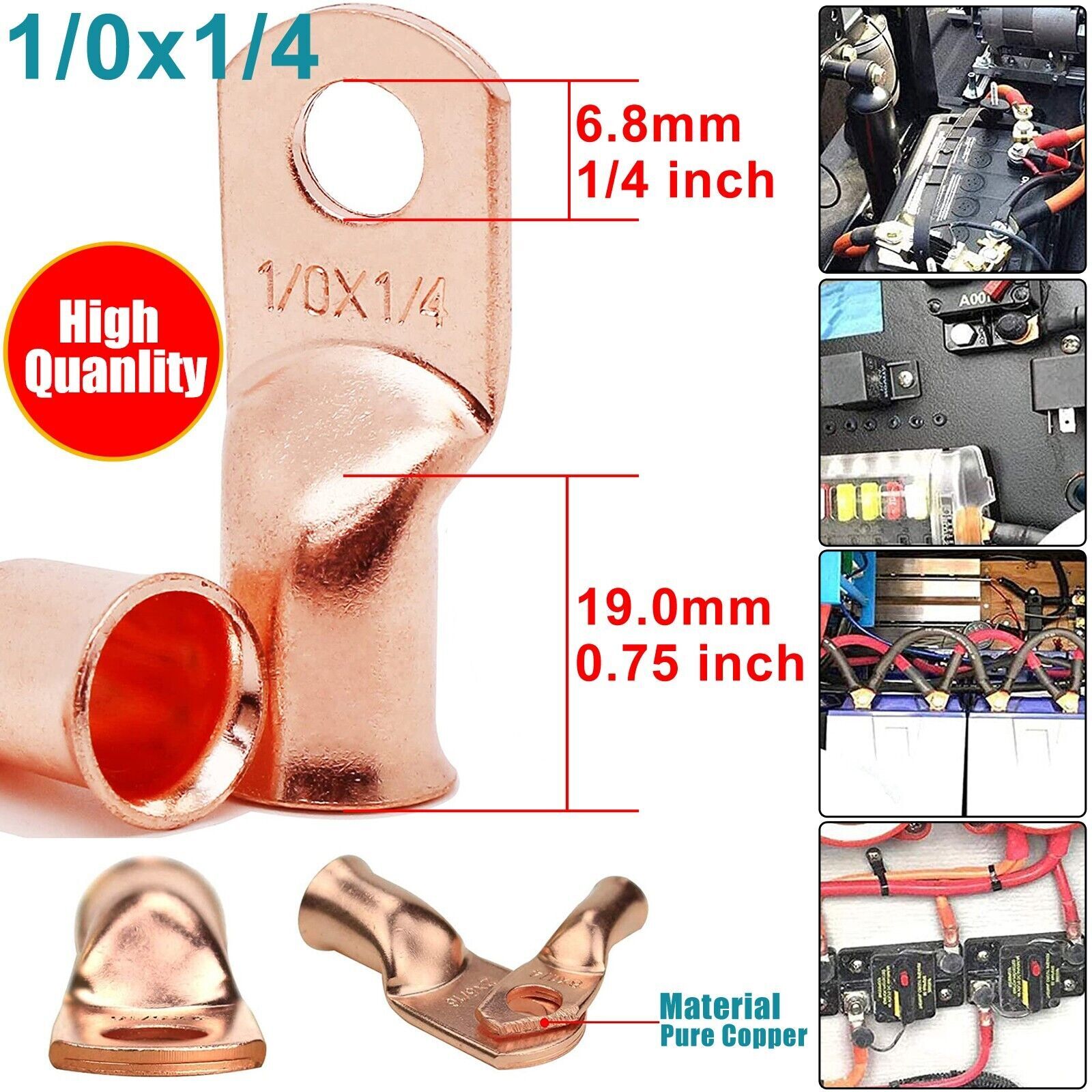 1/0 AWG Battery Terminal Connectors Copper Crimp Welding Cable Wire Ring Lugs