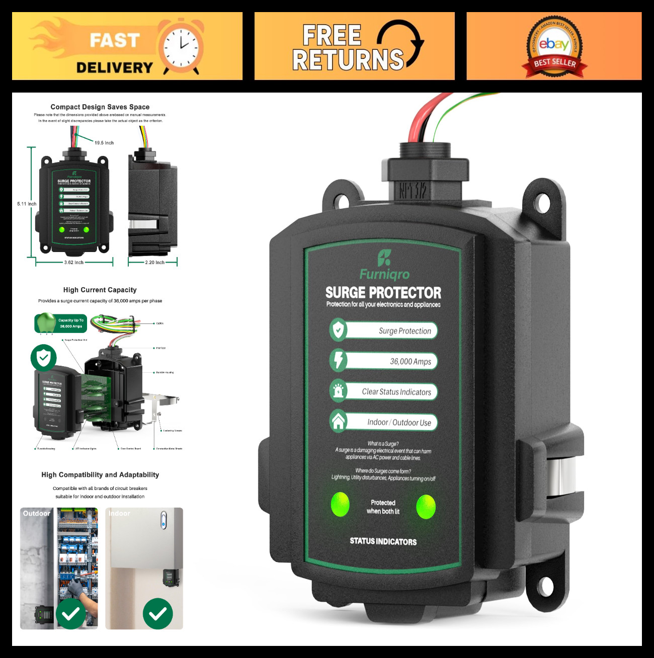 Whole House Surge Protector 36,000 Amps – Ultimate Indoor/Outdoor Surge Defense,