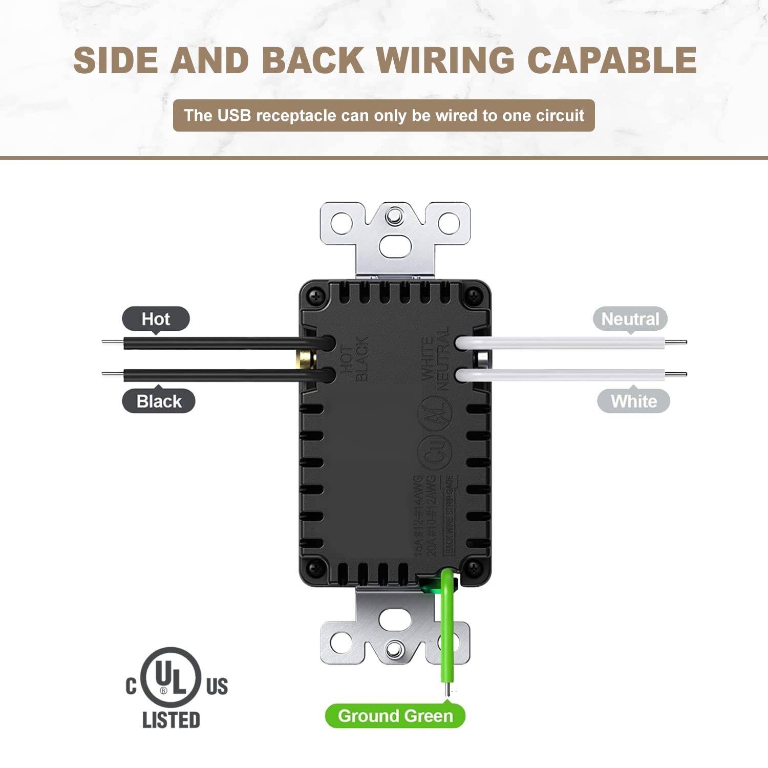 4.8A USB C Outlet UL Dual High Speed, Receptacle 20 Amp,125 Volt,Black,10Pack