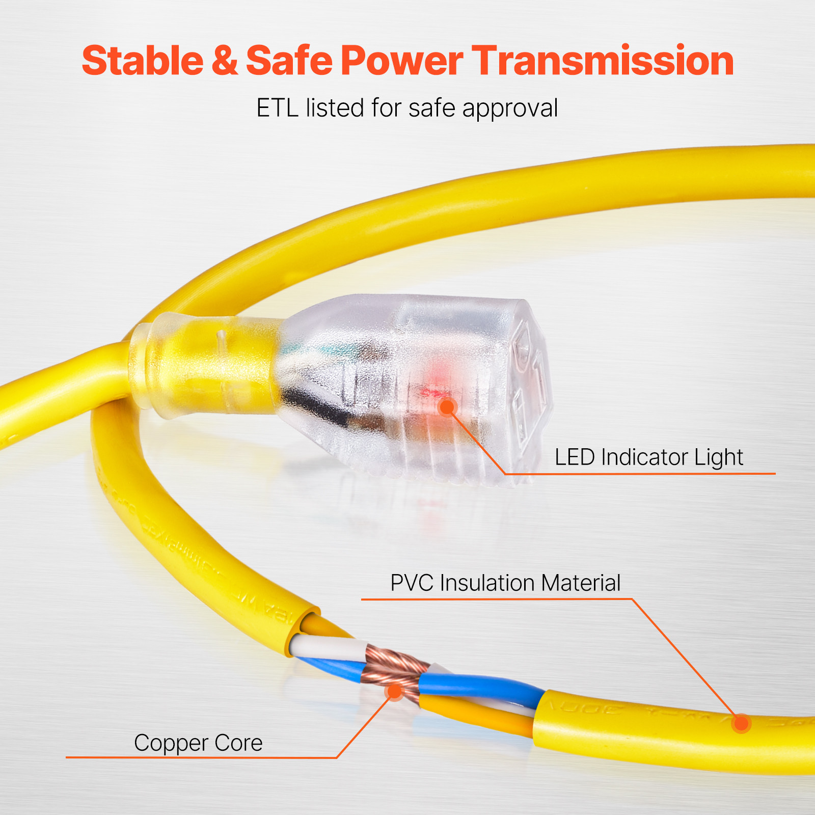 VEVOR 100FT Extension Cord 12AWG 15Amps 1875W 3 Prongs with Lighted End