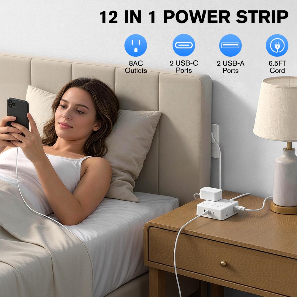 12in1 Power Strip Surge Protector 8 AC Outlets 2 USB +2 Type C Port 6.5 FT US