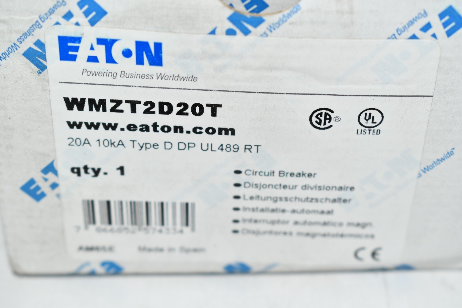 NEW Eaton Cutler Hammer WMZT2D20 CIRCUIT BREAKER, TYPE WMZT,10KA,2 POLE,20A,D CU