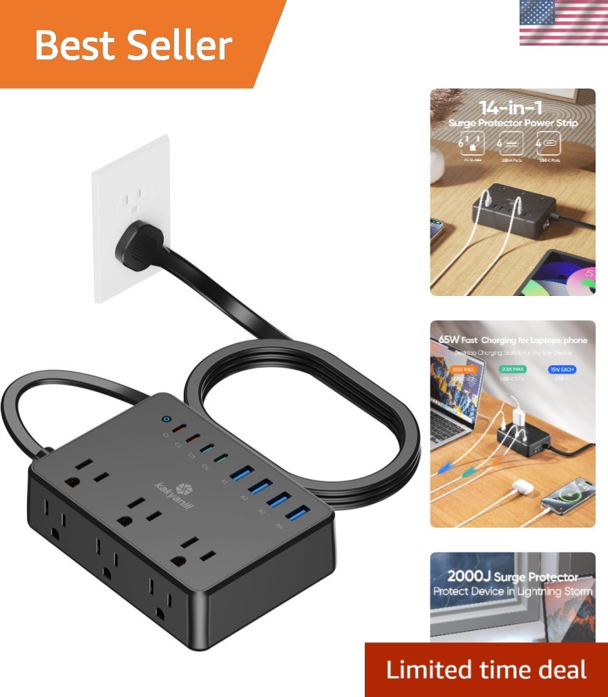 Versatile Power Strip with 14 Charging Ports and 5ft Extension – Safe & Stylish