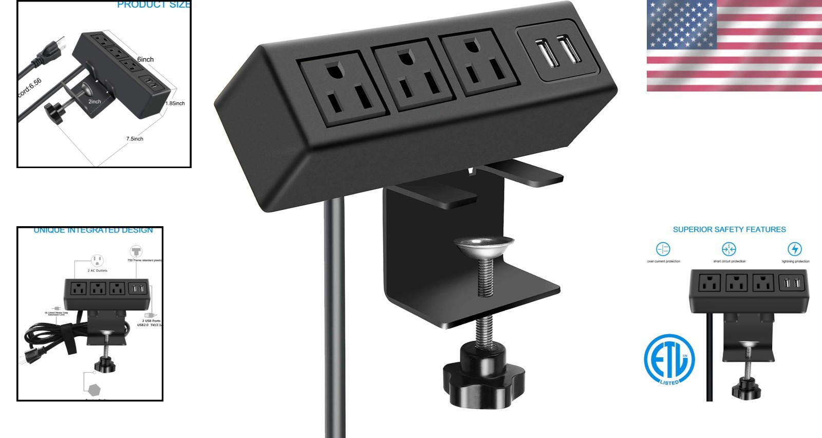 Versatile Desk Power Strip with 3 AC & 2 USB Ports – Clamp Mount for Easy Setup