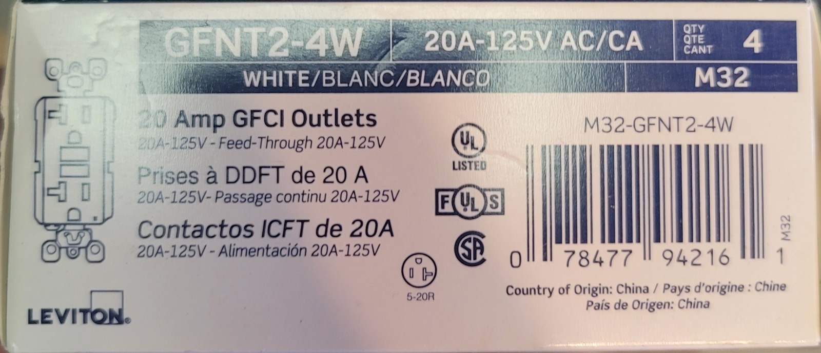 LEVITON LOT OF 10-4PKS GFNT2-4W 20A GFCI WHITE (these are not tamper resistant)