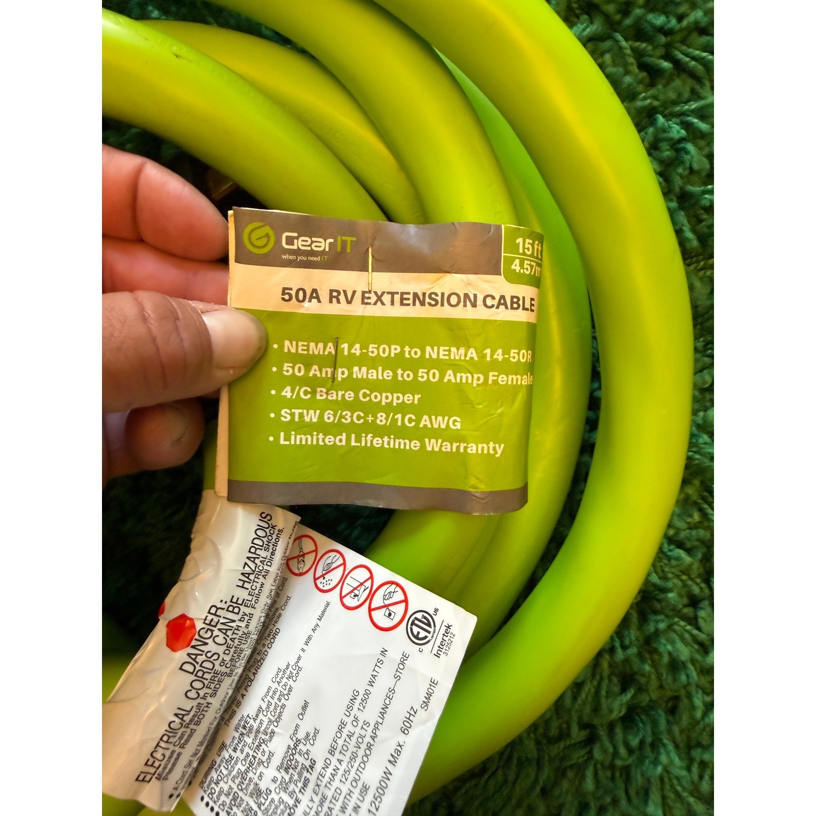 GearIT RV Extension Cable 50A 15ft Green Excellent 14-50P 14-50R STW 6/3+8/1 AWG