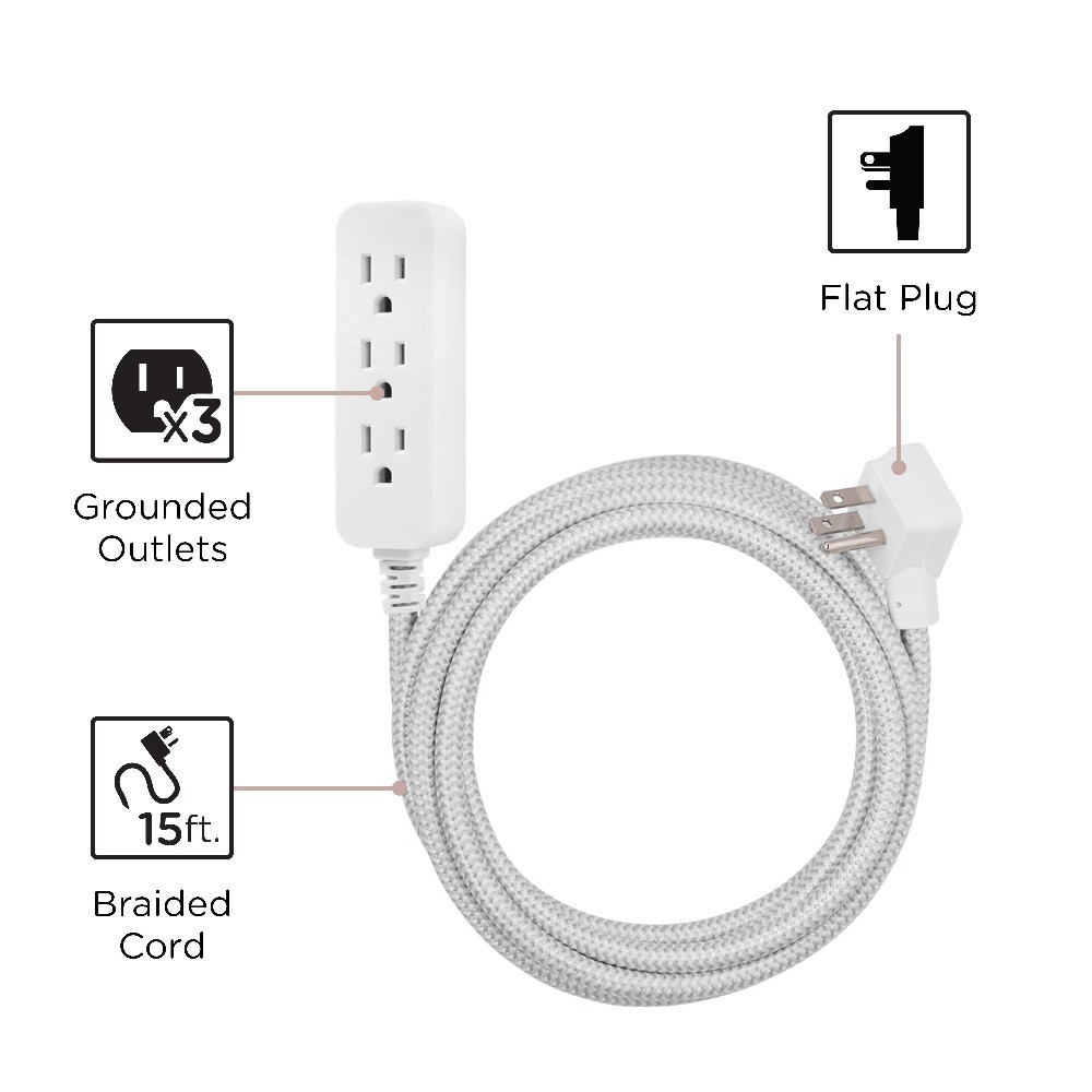 15ft Braided Extension Cord with 3 Outlets Gray White Power Strip Surge