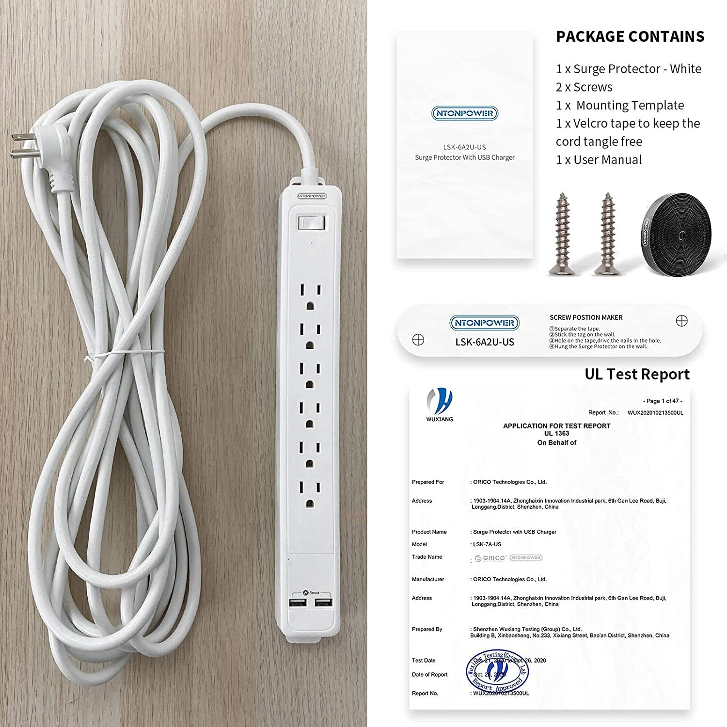 NTONPOWER Surge Protector Power Strip 7Outlet 25Ft Extension Long Cord 1080J