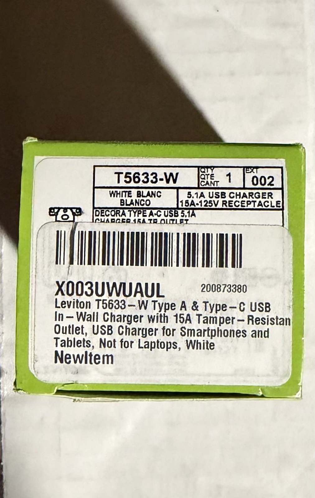 Leviton T5633-W 15 Amp Type A and C USB Charger Tamper-Resistant Outlet – White