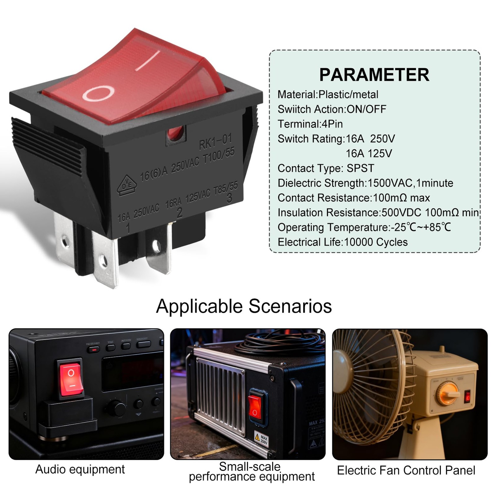 Rocker Switch ON-Off DPST 4 Terminals Red Light 16A 250VAC with Waterproof Cover