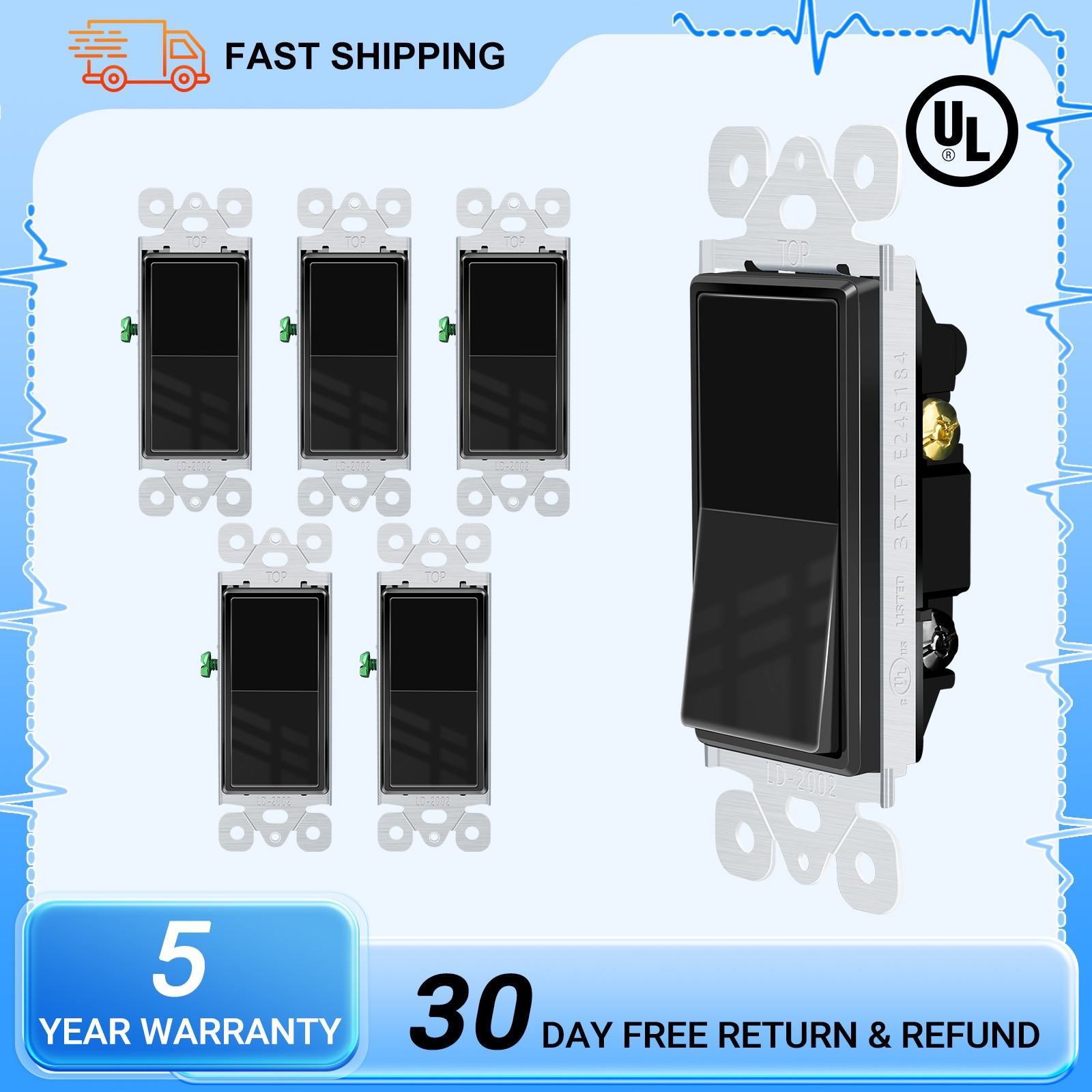 6PCS Black Single Pole Rocker Light Switch 15A 120/277V UL/CUL Residential Use